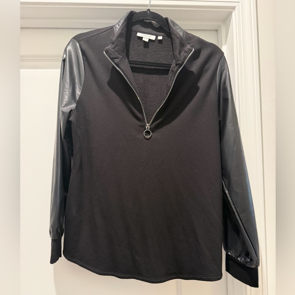 Chicos Faux Leather Accent Black Quarter Zip Sweatshirt- Size 1